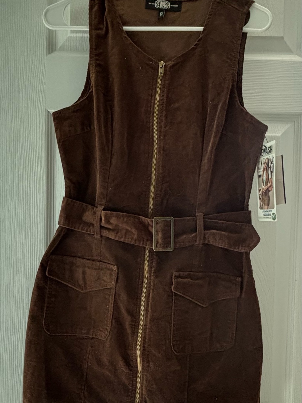 Rewash Brown Zip-Front Corduroy Belted Dress NWT